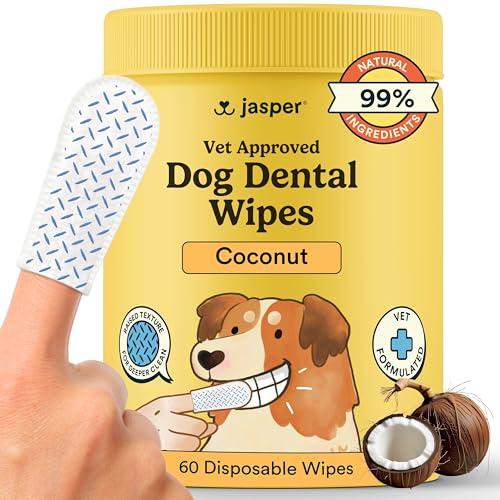 Jasper Dog Dental Wipes, Vet-Recommended All-Natural Finger Toothbrush Wipes for Dogs, Fresh Breath & Tartar Control in Seconds – No Brush and Toothpaste Needed, Coconut, 60 Count