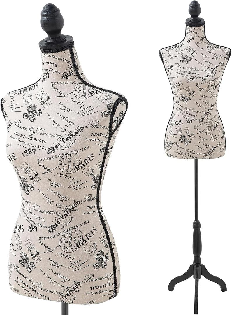 Manikin 49.6”-63.4”Height Adjustable Female Dress Model Display Torso Body Wooden Tripod Stand Clothing Forms High Density Foam Portable Display Mannequin (Print), Black