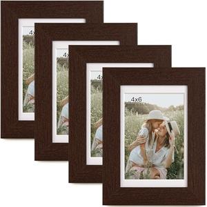 Momentworth 4x6 Picture Frame with Mat for 3.5x5, Walnut Wood Grain Dark Brown Gallery Wall Picture Frames for Tabletop or Wall Mounting(4 Pack, Walnut)