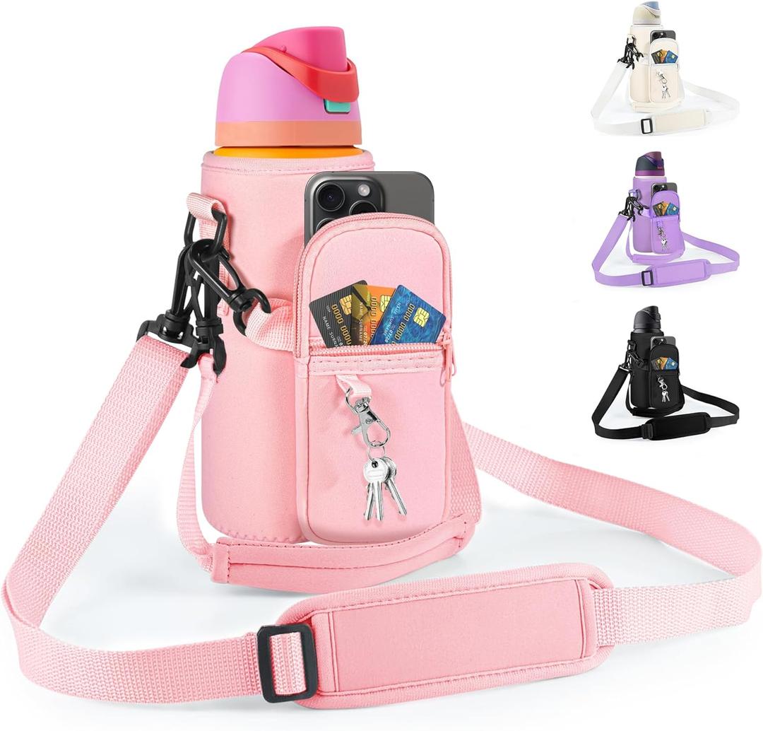 Water Bottle Carrier Bag with Strap for Owala FreeSip 24/32oz with Detachable Phone Pocket for Owala Accessories 24/32oz Water Bottle Sleeve for Walking Camping Gym (Pink)