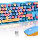 Keyboard and Mouse Wireless,Cute Retro Wireless Keyboard Mouse Combo with Round Key,2.4Ghz Dropout-Free Connection,Typewriter Wireless Keyboard Mouse Set for PC Laptop Desktop Computer-Blue Colorful (Blue Colorful Wireless Keyboard Mouse)