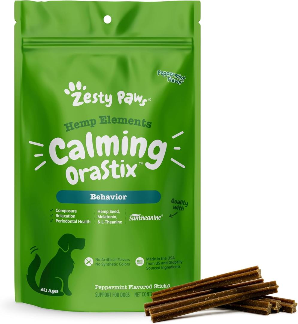 Zesty Paws OraStix for Dogs - Calming Dental Sticks for Stress with Hemp Melatonin Chamomile Dog Healthy Teeth and Gums Calm Composure for Fireworks and Thunderstorms - 12oz