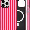 Magnetic for iPhone 15 Pro Case Cute Stripes Phone Case, Shockproof Slim TPU and Hard PC Protective Phone Cover Compatible with MagSafe Designed for Women Girls, Red and Pink