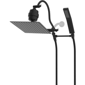 Hibbent All Metal 12'' Filtered Rainfall Shower Head Combo, High Pressure Handheld Shower Wand, 12'' Adjustable Extension Arm, 20 Stage Shower Filter, 71'' Hose, 2 Shower Head Holders, Matte Black