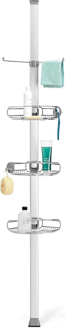 simplehuman Tension Pole Shower Caddy, No-Drill Floor to Ceiling Bathroom Organizer for Bathtub & Inside Shower, Extends 6 to 9 Feet, 3 Adjustable Shelves, Rust-Proof Stainless Steel,9 ft