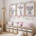 Safari Animals Baby Girls Nursery Set of 3 Unframed Wall Art Prints, Gray Baby Animals with Pink Flowers, Child Bedroom Nursery Decor Posters, Giraffe Elephant Lion (8x10)