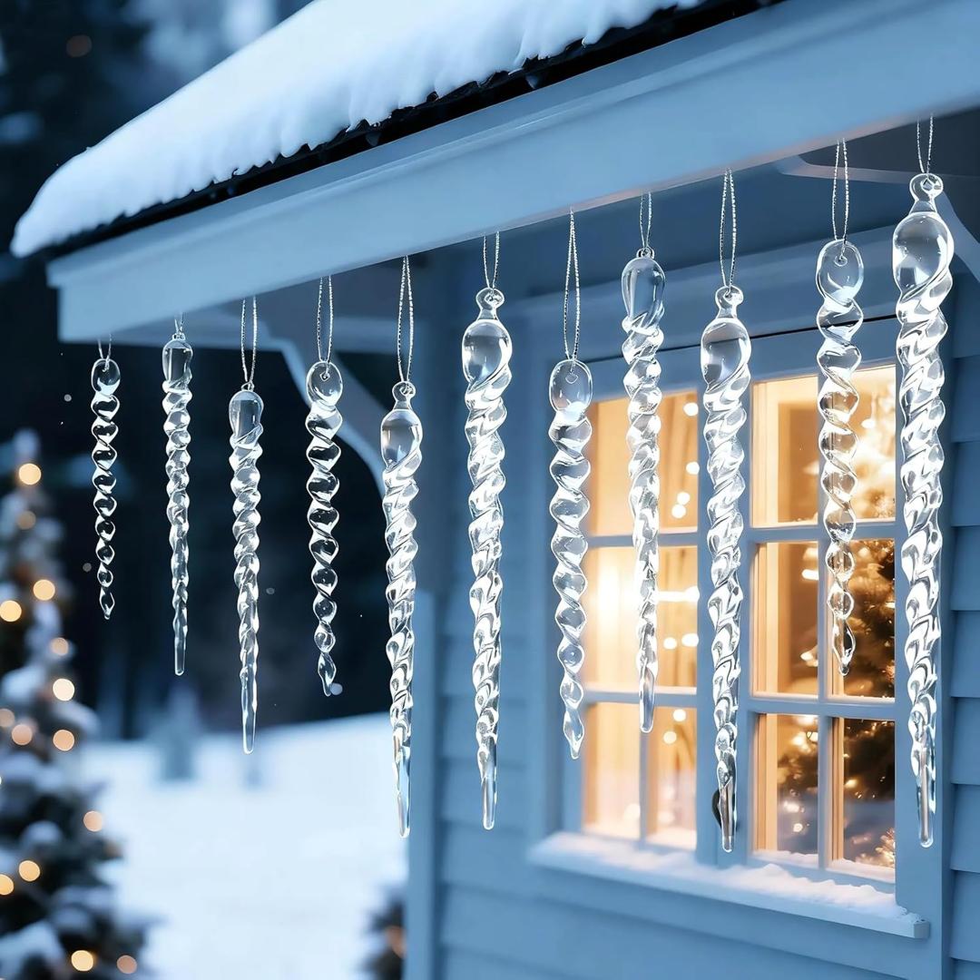 18 Pcs Large Christmas Tree Decoration Crystal Ornaments, Clear Big Acrylic Icicle Christmas Hanging Decor for Xmas Tree Winter Wonderland Party Decor Outdoor New Year Party Supplies