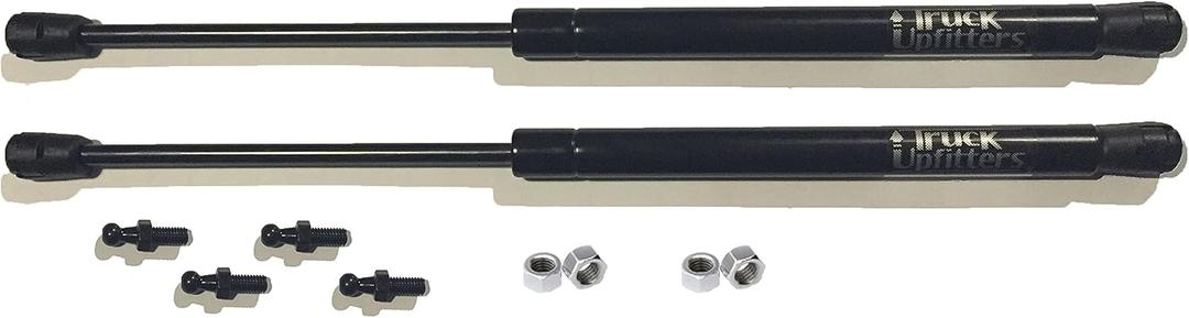 2 Truck Upfitters 16" Gas Props (15.7" Extended, 9.4" Compressed, 45 pounds of Pressure ea) for are, ATC, Snugtop, Leer Camper Shell/Truck Cap Rear Door. Measurement Required! Incl 4 Ball mounts!