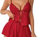 Kolagri Womens Sexy Front Tie Pajamas Lingerie Set High Waist Sleepwear Lace Ruffle V Neck Cami Shorts Nightwear Medium