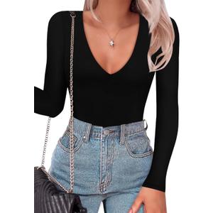 SAUNGKUAI Women's Plunge Deep V Neck Long Sleeve Bodysuit Double Lined Thong Body Suit Shirt Tops (S)