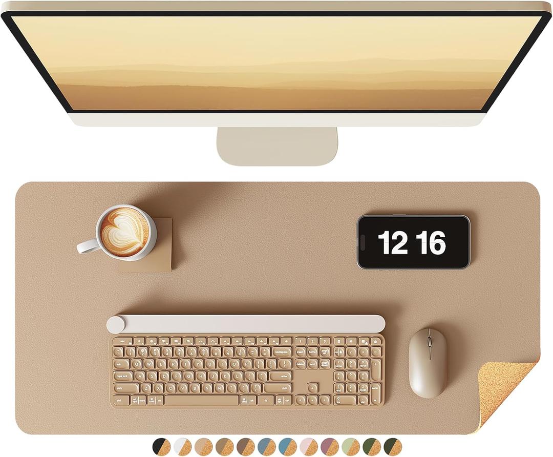 YSAGi Double-Sided Desk Pad, Leather Desk Mat, Eco Cork Desk Pad Protector, Large Mouse Pad for Desk, Waterproof Desk Blotter Pad, Writing Pad for Office/Home(23.6"x13.7",Apricot)