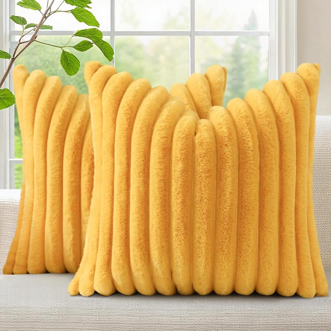 DecorUhome Cozy Faux Fur Spring Throw Pillow Covers 20x20 Set of 2 Decorative Soft Plush Striped Modern Farmhouse Boho Couch Pillow Cases With Velvet Back for Sofa Bed Living Room, Mustard Yellow