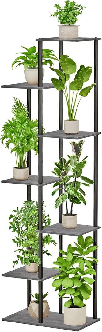 Plant Stand Indoor 7 Tier 8 Potted Metal Wood Plant Shelf, Multiple Flower Pots Corner Tall Plant Holder Stands for Living Room Balcony Bedroom, Oak Grey