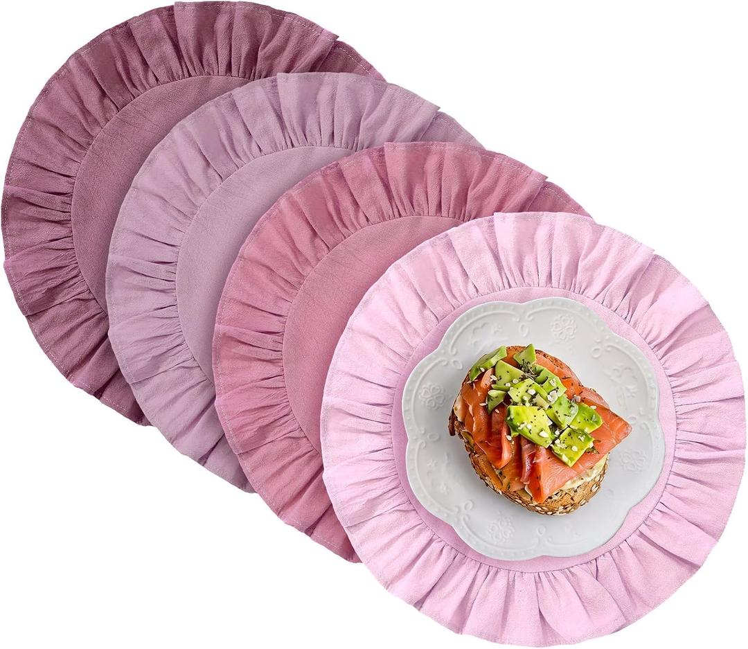 Set of 4 Dusty Pink Round Ruffle Placemats 15 Inch 100% Cotton Boho Scalloped Placemats Washable Cloth Table Mats for Kitchen Dining Wedding Baby Shower Party Table Decor