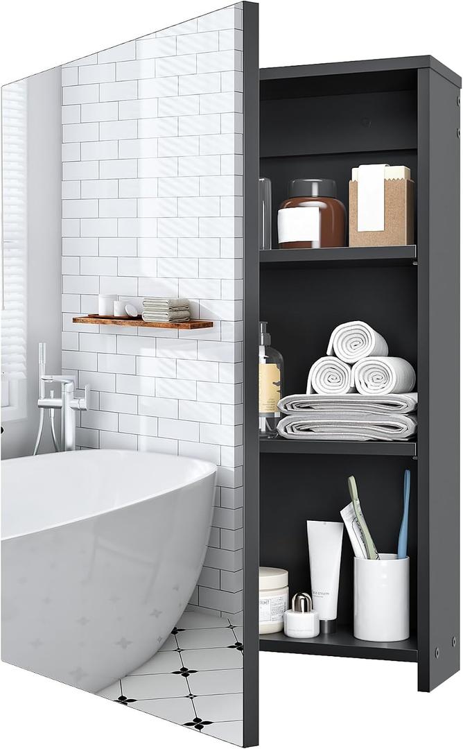 CHOEZON Bathroom Medicine Cabinet, Wall-Mounted Bathroom Vanity with Mirror, Bathroom Medicine Cabinet with Storage Function, Hanging Storage Cabinet, Adjustable Shelves, Black