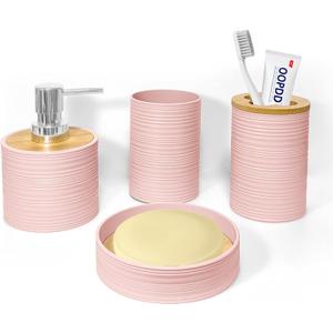 Bathroom Accessories Set 4 PCS, Bamboo Bathroom Accessory Set Includes Soap Dish, Soap Dispenser, Toothbrush Holder, Toothbrush Cup, Bathroom Sets Accessories, Boho Bathroom Decor(Light Pink)