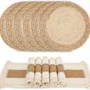Handmade Boho Placemats Set of 6 - Natural Cotton Burlap and Water Straw Woven Combination Table Mats, Macrame Décor and Farmhouse Style Placemats, for Dining Table Kitchen
