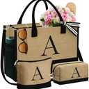 YOOLIFE Gifts for Women - Initial Jute Tote Bag & 2 Makeup Bags Personalized Gifts for Women Teacher Mom Friend Birthday