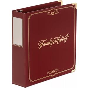 Performore Family History/Genealogy 3 inch Ring Binder, Burgundy, Stitched Padded Cover with Gold Corners and Artwork, Includes Pen Loop