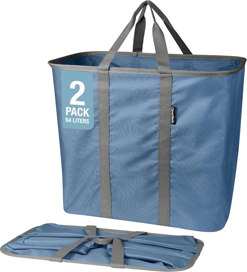 CleverMade Collapsible Laundry Caddy  Foldable Laundry Hamper & Tote, XXL 64L Pop-Up Laundry Basket with Handles, Space-Saving Laundry Organizer for Home, Dorm, Closet & Travel, 2 Pack - Denim Gray