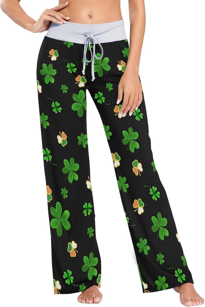 Women's Pajama Sleep Pant Palazzo Pjs Lounge Bottom Wide Leg Pant with Drawstring (L)