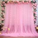 Pink Tulle Backdrop Curtains with Lights String for Parites Pink Sheer Backdrop Curtains for Baby Shower Girls Bridal Shower Birthday Party Photo Shoot Decorations 10×8ft
