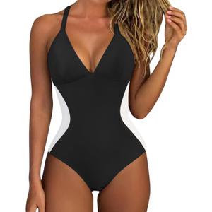 SUUKSESS Women Slimming Tummy Control One Piece Swimsuit Sexy V Neck Push Up Bathing Suit Crisscross Back Swimwear (Black White, XL)