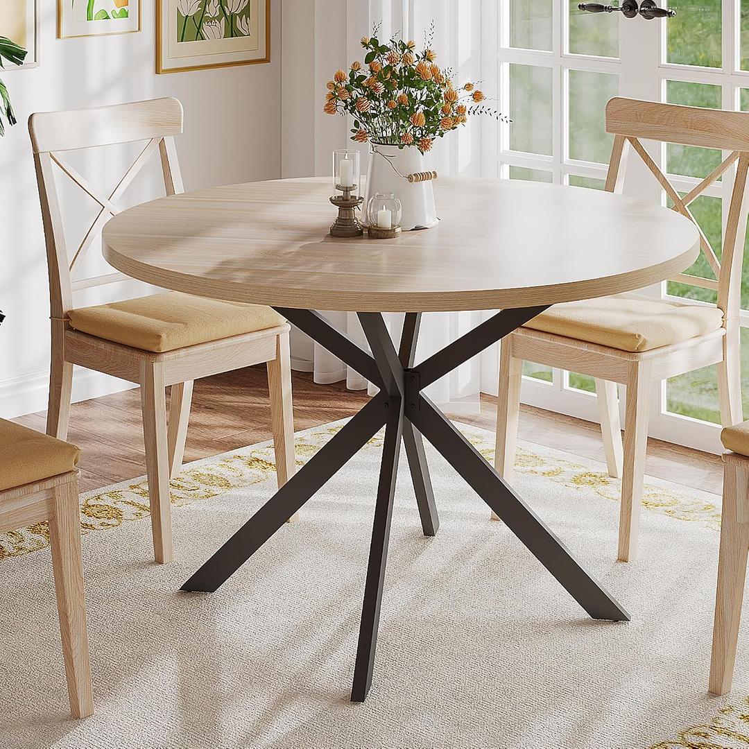 ChooChoo 47.2 Inch Round Dining Table for 4, Farmhouse Wood Kitchen Table, Circle Dinner Table for Kitchen & Dining Room, Natural Oak, 47.2 inch diameter