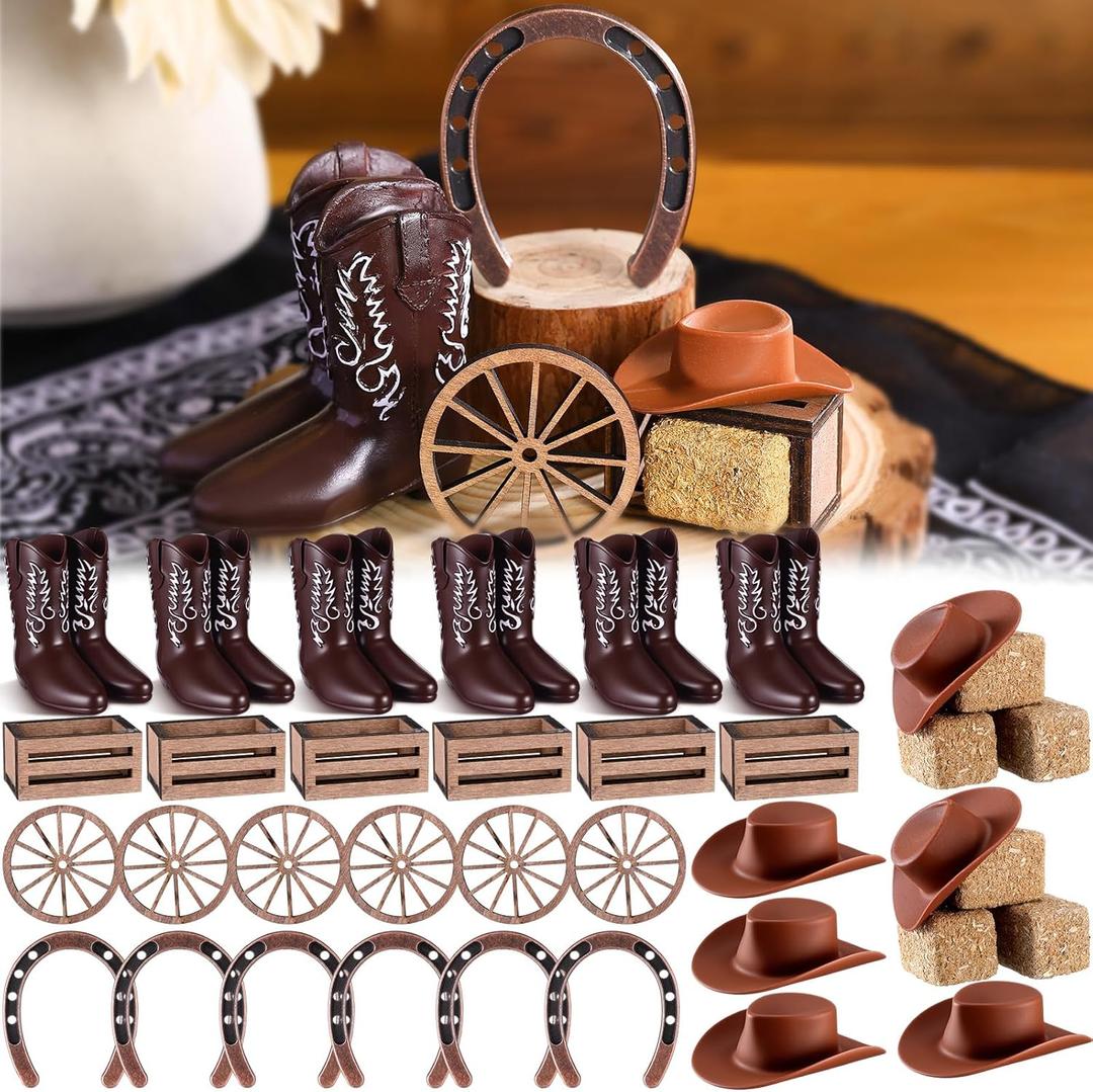 Janinka 36 Pcs Western Cowboy Centerpieces for Table Mini Cowboy Wild West Party Decor Including Mini Horseshoes Hats Boots Wood Crates Hay Bales and Wheels for Western Wedding Birthday Party