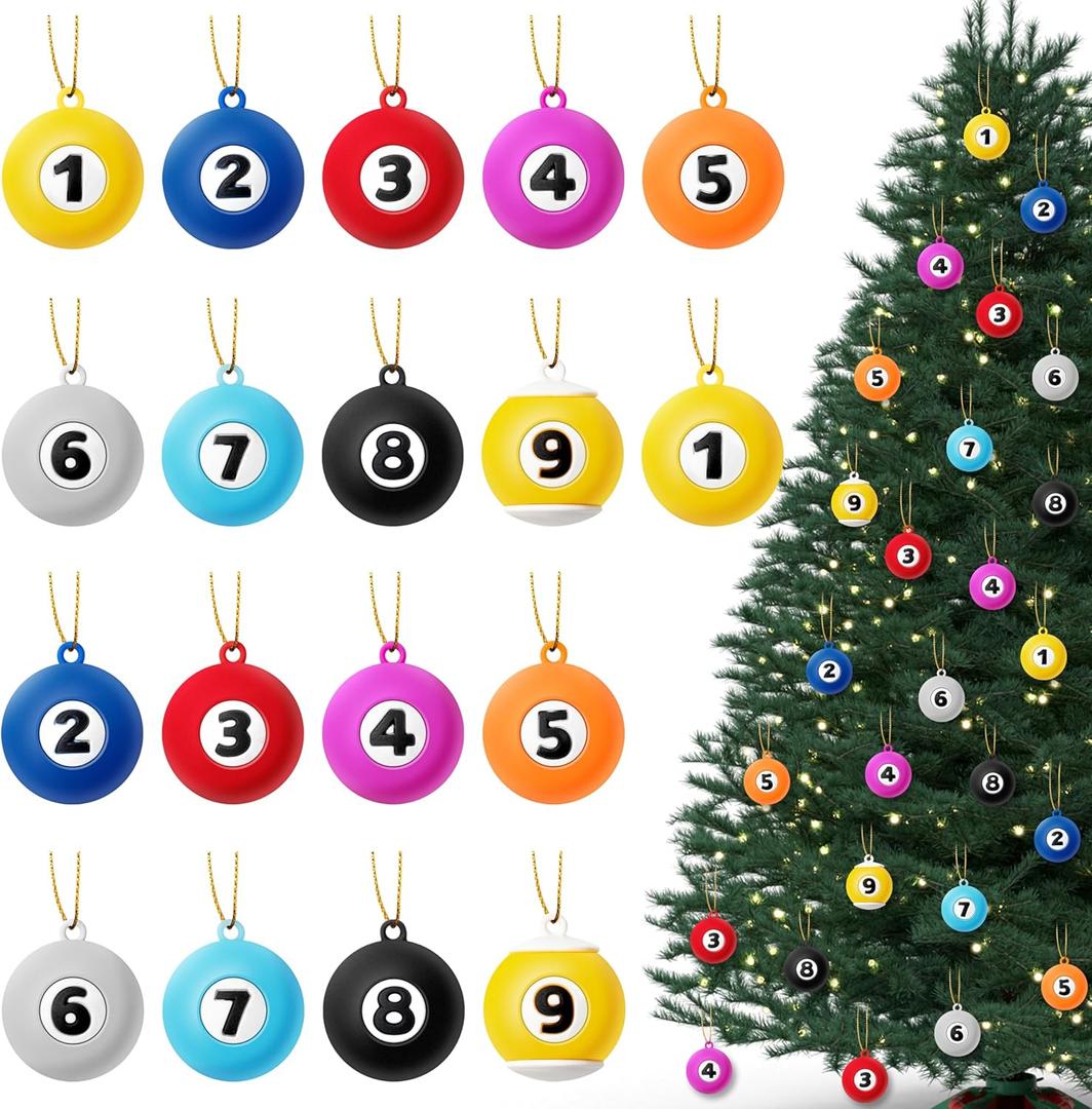 H1vojoxo 36PCS Christmas Sport Billiard Ball Ornaments Set - Decorative Hanging Accessories for Christmas Tree, Personalized Sports Ornament for Billiards Players