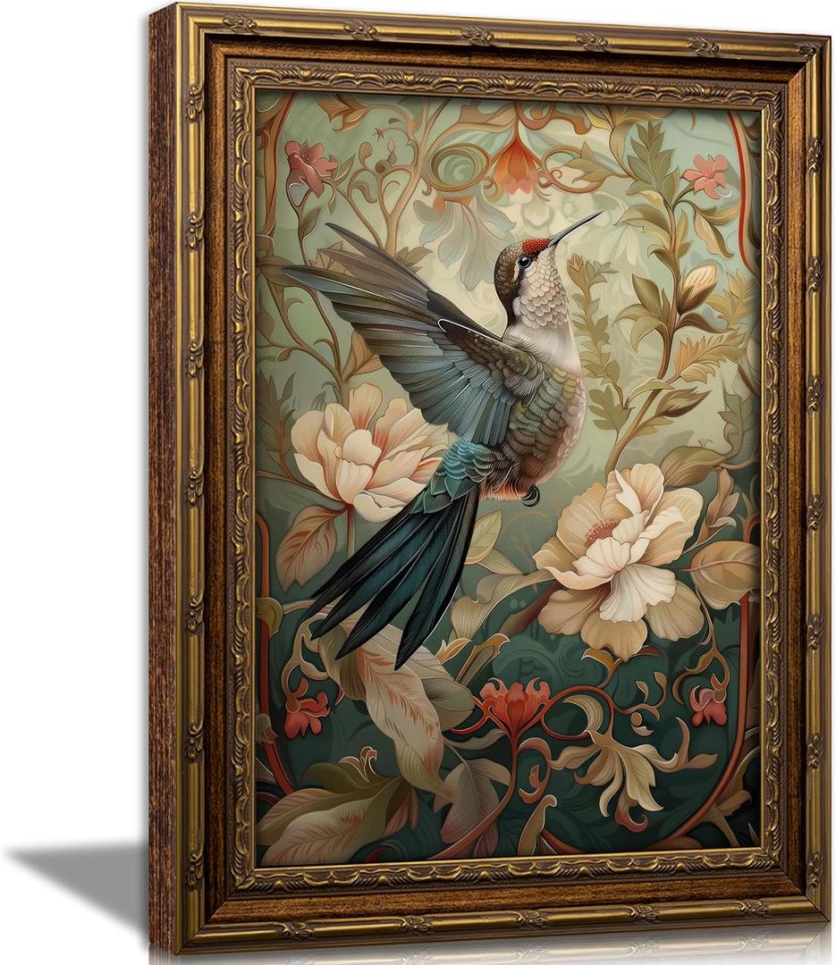 Vintage Gold Bird Framed Wall Art, Antique Hummingbird Floral Canvas Print | Colorful Hummingbird Floral Picture Wall Decor, Retro Nature Botanical Poster Artwork for Living Room Bedroom Office, Size: 24"L x 16"W