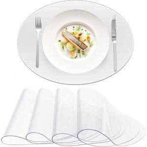 4 Pcs Clear Plastic Placemats - 13 x 19 Inches Oval PVC Placemats, 2 mm Thick Table Protector Smooth Desk Mat Heat Resistant Washable Easy Cleaning for Home Office Dining Room Painting
