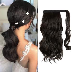CJL HAIR 14" Short Ponytail Hair Extension Wrap Around Pony Tail Clip in Curly Wavy Synthetic Fake Hairpiece for Women Black Brown