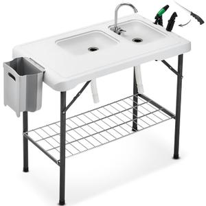 Folding Fish Cleaning Table Portable Camping Double Sinks Table w/2 Dual Water Basins, Faucet Drainage Hose & Sprayer Outdoor Fish Fillet Cleaning Station w/Knife, Storage Box,Black