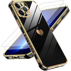 LeYi for iPhone 13 Pro Max Case: with Tempered Glass Screen Protector [2 Pcs]+ Full Camera Lens Protection,Love Heart Plating Women Cute Luxury Soft TPU Shockproof Case for 13 Pro Max,Black 3 Pcs