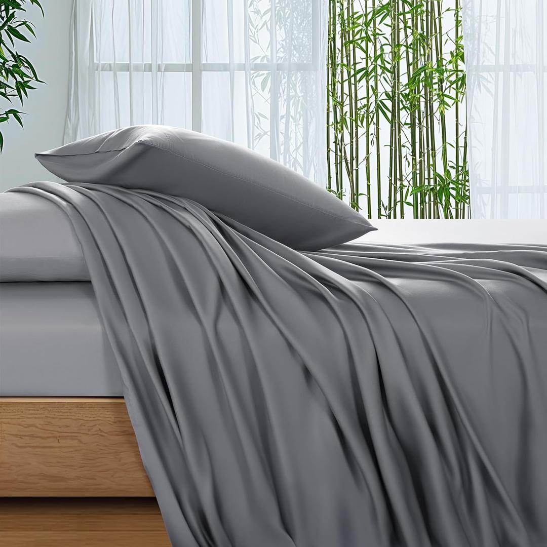 SONORO KATE 100% Viscose Derived from Bamboo_Sheets Queen Size, Ultra Breathable & Cooling Bed Sheets for Hot Sleepers, Hotel Luxury Silky Bedding Sheets, 16" Deep Pocket - 4PC (Grey,Queen)