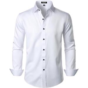 JEMITOP Men's Stretch Wrinkle Free Dress Shirt Formal Prom Wedding Long Sleeve Button Down Shirts (White, M)