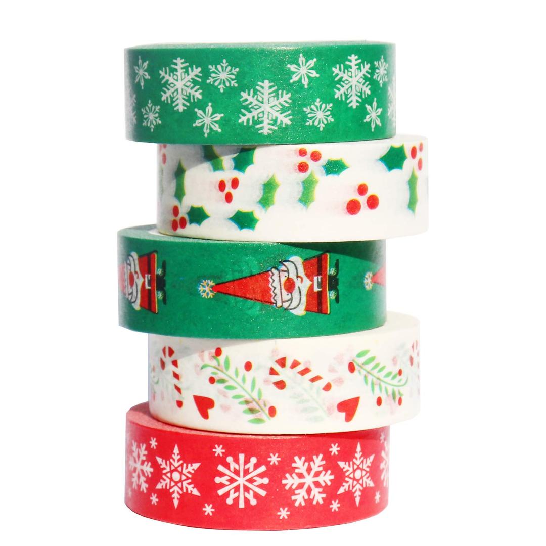 WANDOUJIA 5 Rolls Christmas Washi Masking Tape, 0.6" x 32.8ft Decorative Washi Tape for Scrapbooks, Bullet Journaling Planner, Gift Wrapping, Holiday Decoration