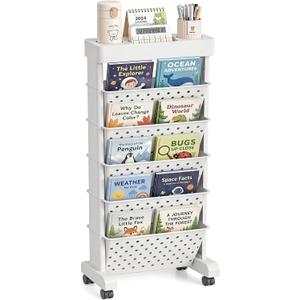 BYFU 6-Tier Movable Bookshelf Cart, Rolling File Paper Storage Organizer Mobile Bookcase with Wheels for Home Office Study Classroom, White