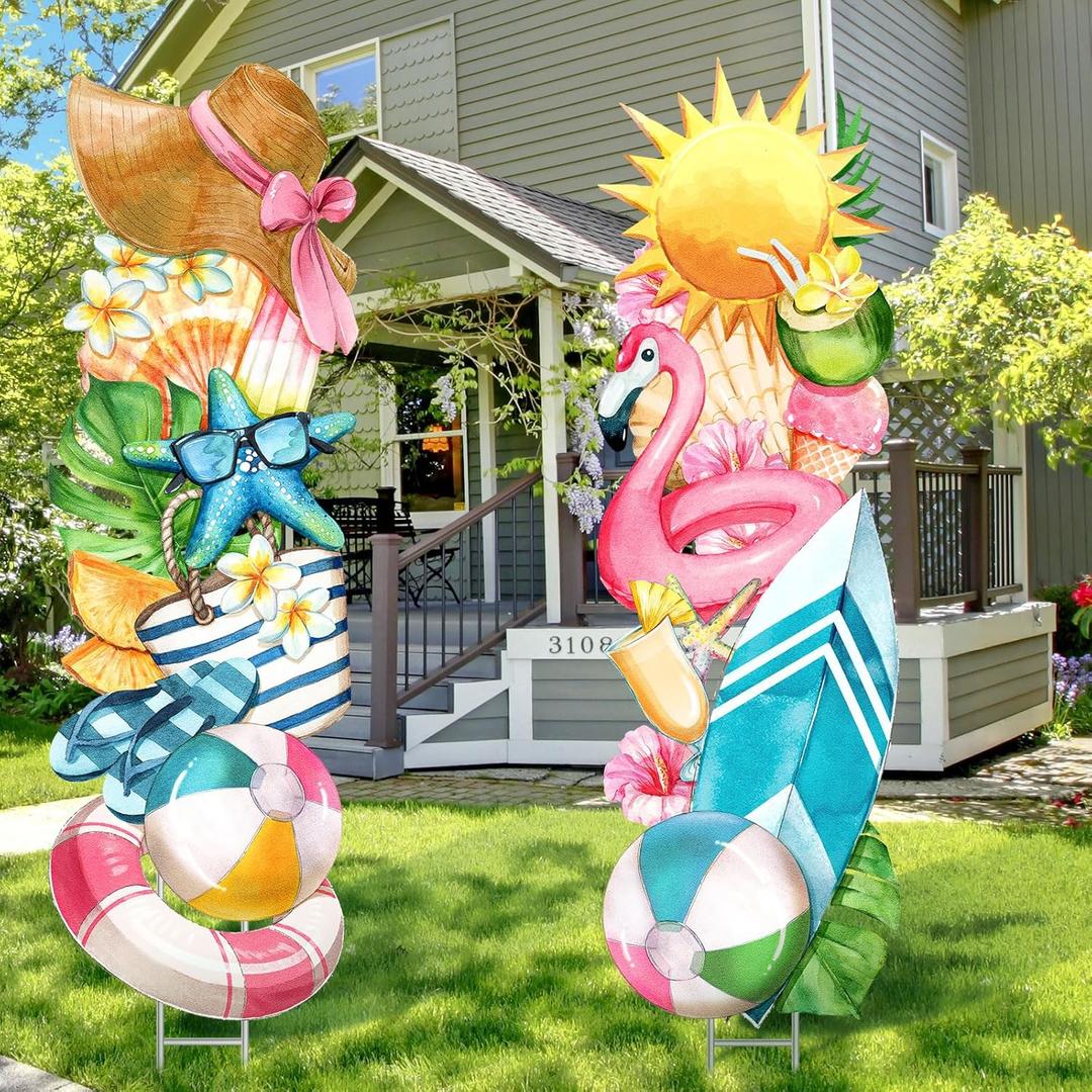 2 Pcs Summer Yard Signs with Lawn Outdoor Lawn Decoration Summer Beach Ice Cream Slippers Waterproof Courtyard Yard Decorations with Pile Summer Garden Lawn Party Courtyard Decoration(Beach Ball)