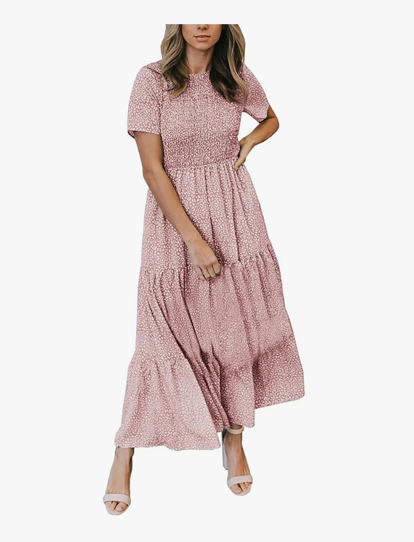 Maggeer Womens 2025 Summer Fall Smocked Wedding Guest Maxi Dress Casual Short Sleeve Floral Boho Flowy Long Dress Small