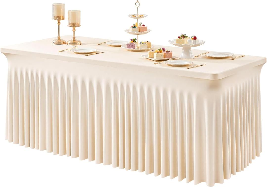 1 Pack Light Champagne Table Clothes for 4 Foot Rectangle Tables, One-Piece Wrinkle Resistant Stretch Spandex Table Covers with Skirt for Event Banquet Wedding Birthday Party