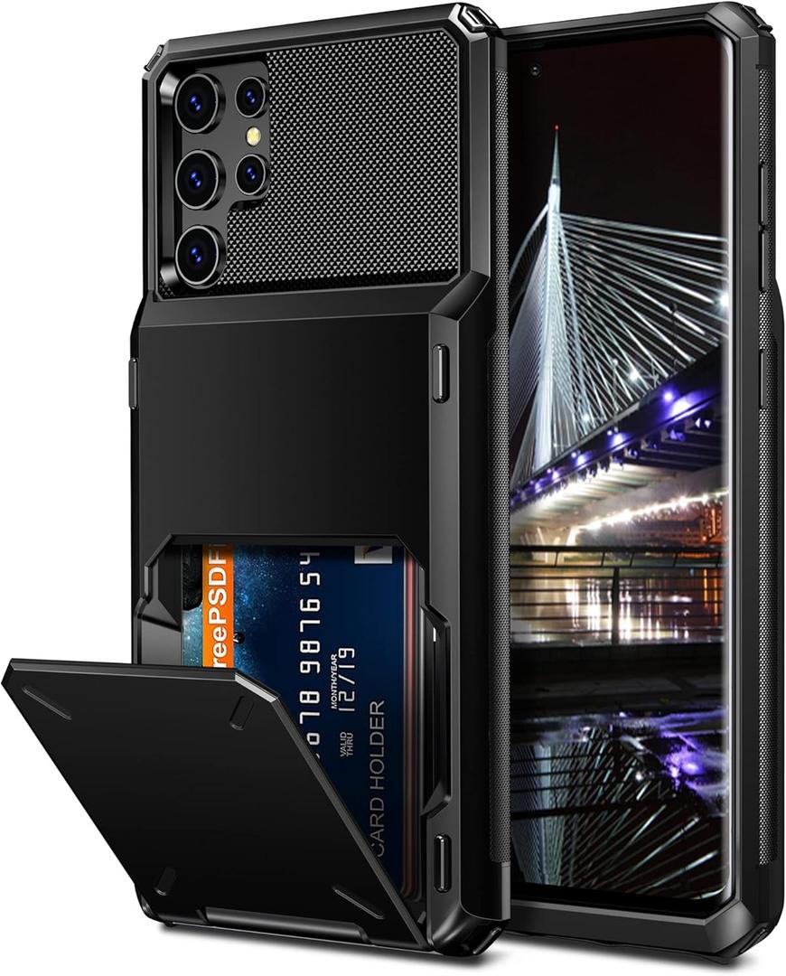 Vofolen for Galaxy S22 Ultra Case Wallet Credit Card Holder 4-Card Slot Hidden Back Pocket Dual Layer Hybrid Rugged Rubber Bumper Protective Hard Shell Cover for Samsung Galaxy S22 Ultra Black