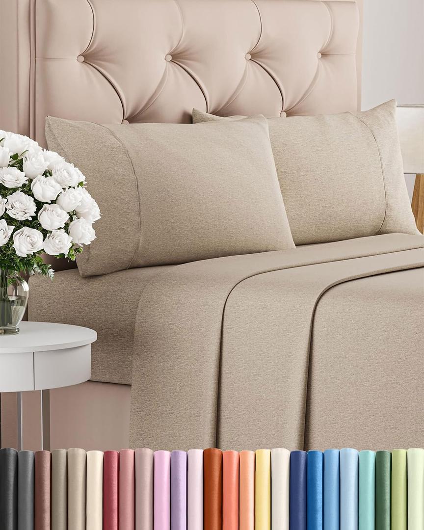 Full Size 4 Piece Sheet Set - Comfy Breathable & Cooling Bed Sheets Set - Hotel Luxury Bedding for Women, Men, Kids, Teens, Boys & Girls - Deep Pockets, Soft & Wrinkle Free - Beige (Heathered Sheets)