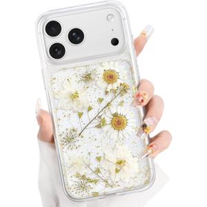 for iPhone 17 Pro Max Clear Case Boasting Pressed Natural Flowers Pattern, Cute Glitter White Floral Pattern Slim Soft TPU Protective Women Girl's Phone Cover 6.9Inch, Gold Foil White Phoenix Tail