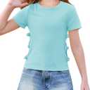 Haloumoning Girls Short Sleeve Shirts Kids Summer Casual Side Bow Knit Tops Tees 5-14 Years (Blue)