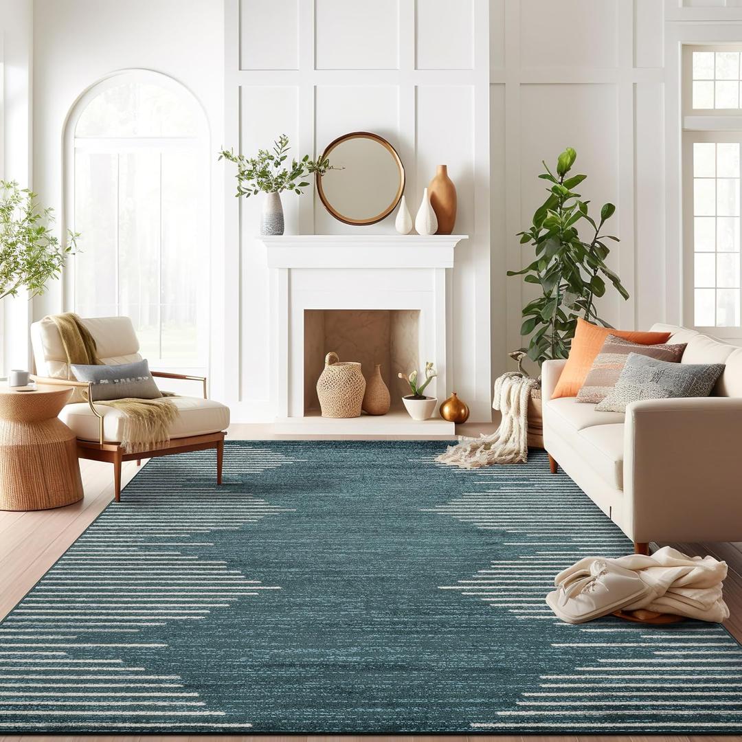 Rugshop Bohemian Stripe Stain Resistant High Traffic Living Room Kitchen Bedroom Dining Home Office Area Rug 7'10" x 10' Teal