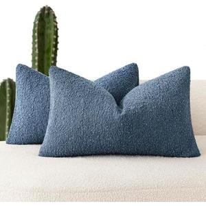 Foindtower Pack of 2 Textured Boucle Throw Pillow Covers Accent Solid Decorative Lumbar Pillow Cases Cozy Couch Cushion Case for Chair Sofa Bedroom Living Room Home Decor 12x20 Inch Dark Blue