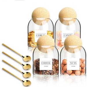 4PCS Glass Jar Storage Container with Ball Cork, 500ML/17Oz Food Storage Containers Clear Wood Cork Bottle Candy Jars Coffee Canister for Beans Nut Sugar Spices Seasonings Kitchen Organizer Christmas