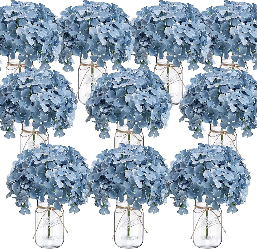 Hydrangea Flower in Mason Jars, 10 Set Floral Arrangements Table Centerpieces Decor Glass Flowers Vases for Home Party Wedding Bridal Shower Graduation Boho Decorative(Blue)